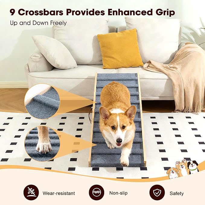 Dog Ramp for Bed, 51.2" Long Wooden Pet Ramp for Small & Large Dogs, 5 Adjustable Heights 14.2" to 28" with Anti-Slip Carpet & Carrying Handle Holds, Portable Dog ramps for Car, Bed, Couch, Outdoor