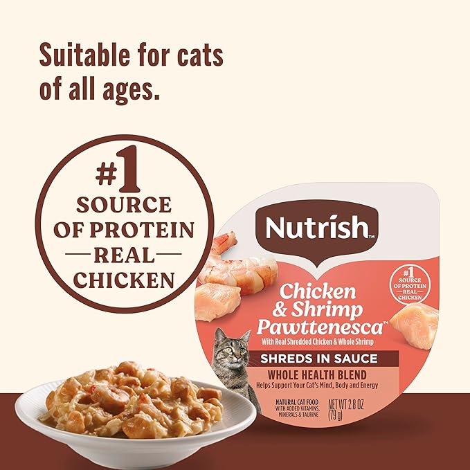 Nutrish Grain Free Wet Cat Food Chicken & Shrimp Pawttenesca Whole Health Blend with Real Shredded Chicken & Whole Shrimp in Sauce, 2.8 oz. Cup (Rachael Ray) (Pack of 12)