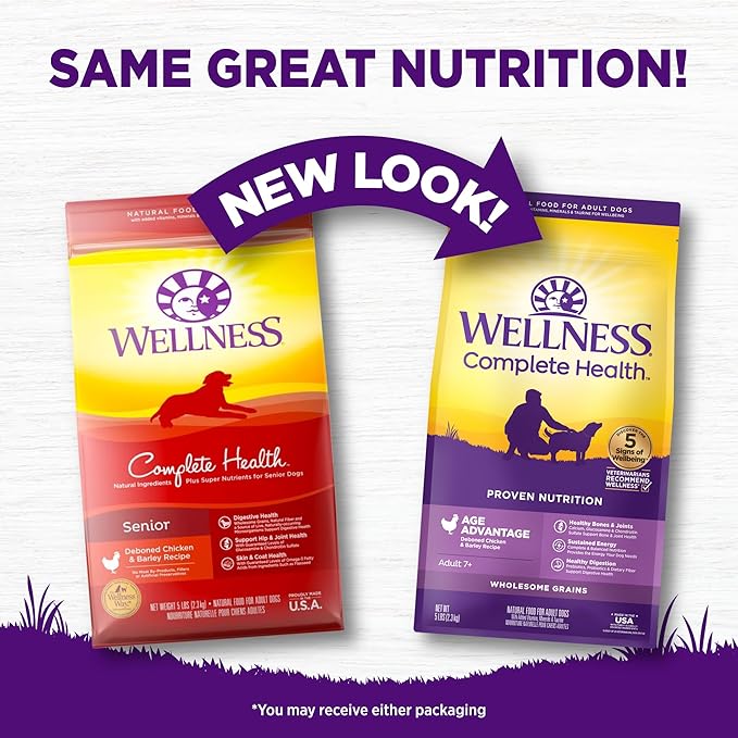 Wellness Complete Health Age Advantage Senior Dry Dog Food, Wholesome Grain Kibble, Natural, Chicken and Barley Recipe, 5 lb Bag