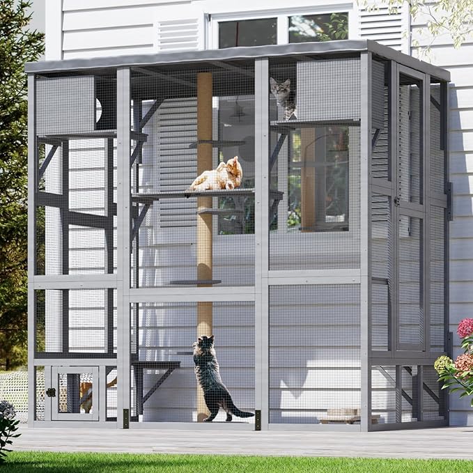 Catio Outdoor Cat Enclosure Window, Large Walk-in Window Catio with Cat House, Multi-Level Platform, Scratching Post and Waterproof Cover, Outdoor Kitty Cage for Multiple Cats, Grey