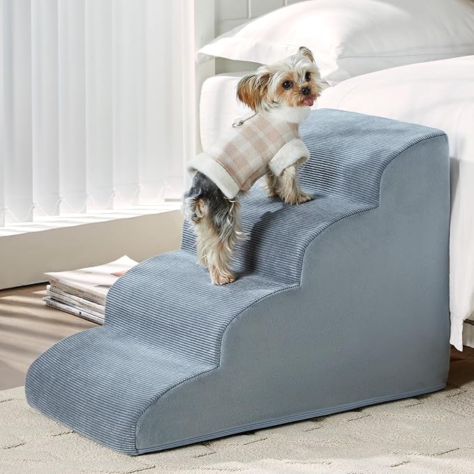 Dog Steps for Bed, 4-Steps Dog Stairs for Bed, Pet Ramp with Highly Supportive Foam and Non-Slip Bottom, Pet Stairs for Large Dogs and Medium Dogs (High 19.7 Inch)