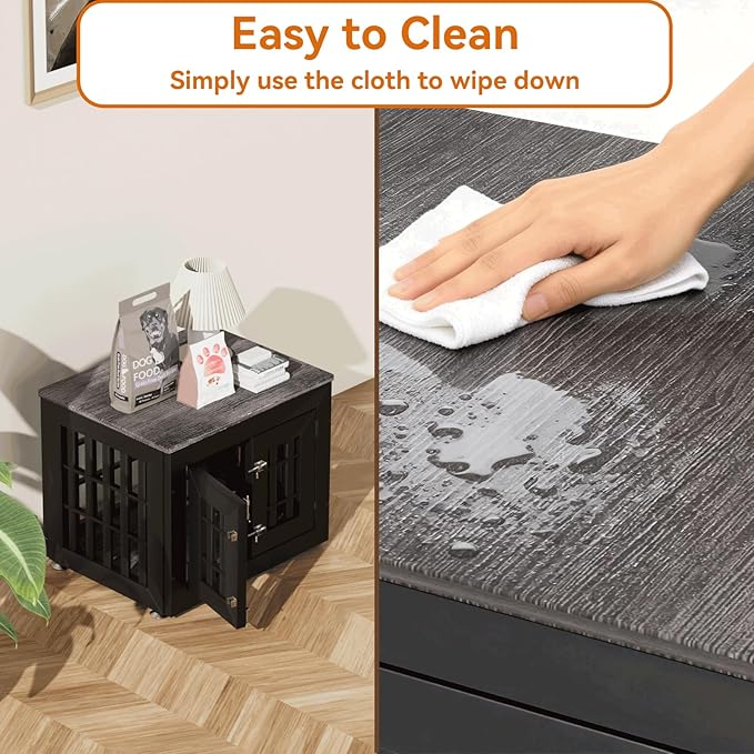 26" Heavy Duty Dog Crate Furniture for Small,Medium and Large Dogs,Rustic Wooden Dog Cage Kennel Indoor Furniture with Waterproof Top,Decorative Pet House Side End Table (Black & Grey)