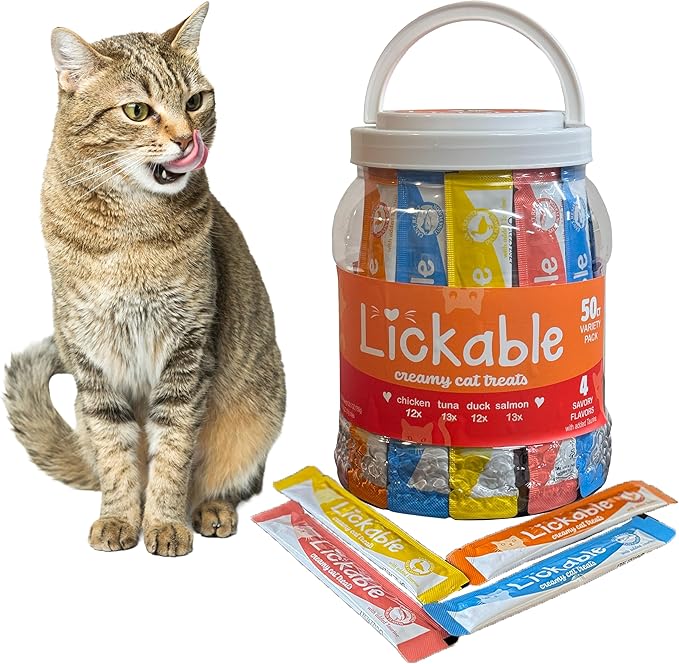 Fieldcrest Farms Lickable Creamy Cat Treats – 50ct Variety Pack – 4 Savory Flavors (Chicken, Tuna, Duck, Salmon) with Taurine – Smooth, Tasty Cat Treat Tubes – Serve by Hand, Dish, or as a Topper