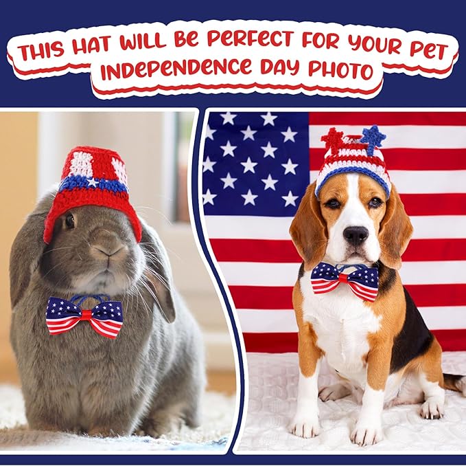 Ganeen 4 Pcs Independence Day Cat Costume 4th of July Pet Hat Headband American Flag Bow Tie Dog Cap USA Small Animal Top Hats National Day Bowtie Collar Costume for Rabbits Kittens Guinea Puppies