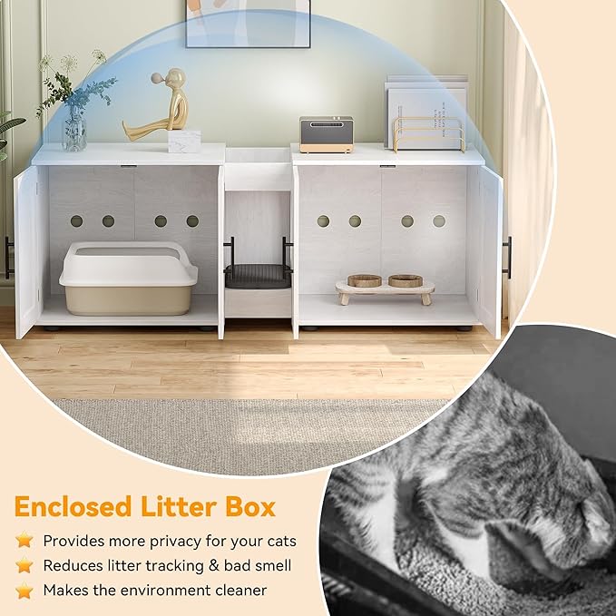 Garvee Cat Litter Box Enclosure for 2 Cats, 55" Hiddden Litter Box Enclosure Furniture 3-in-1 Wooden Litter Cabinet with Barn Door & Double Rooms for Bedroom Living Room,White