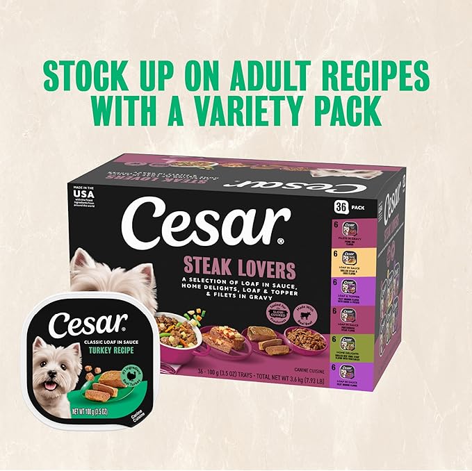 Cesar Classic Loaf in Sauce and Home Delights Adult Wet Dog Food Poultry Lovers Variety Pack with Real Chicken, Turkey or Duck, 3.5 oz. Easy Peel Trays, 36 Count (Pack of 1)