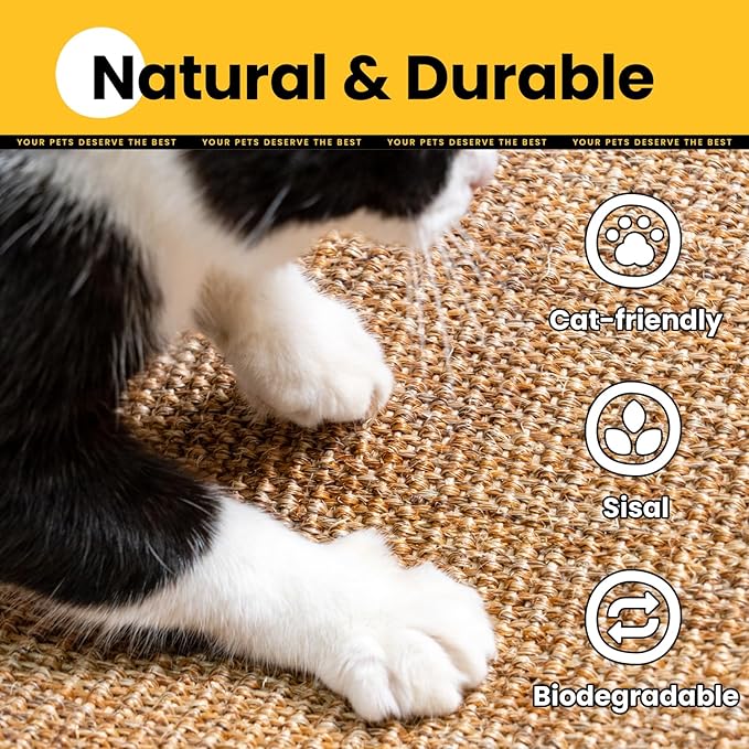 Cat Scratcher Mat,Natural Sisal Cat Scratch Pad with Hook&Loop Tape,Horizontal Floor Kitten Scratching Pads Rug for Indoor,Pet Furniture Protector for Couch&Carpets&Sofas, Large, Brown