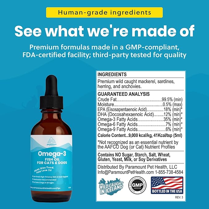 Paramount Pet Health Wild-Caught Omega 3 Fish Oil for Dogs & Cats, Liquid EPA DHA Supplement for Skin, Coat, Joints & Heart, Low-Odor Omega 3 Drops for Small Dog Breeds & Cats with Itchy Skin, 2 oz