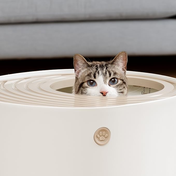IRIS USA Large Top Entry Cat Litter Box with Lid Enclosed Covered Hooded Design Litter Catching Scatter Shield Pan Dog Proof Pet Proof Scoop Included Odor Control for Indoor Cats Kittens Beige/White