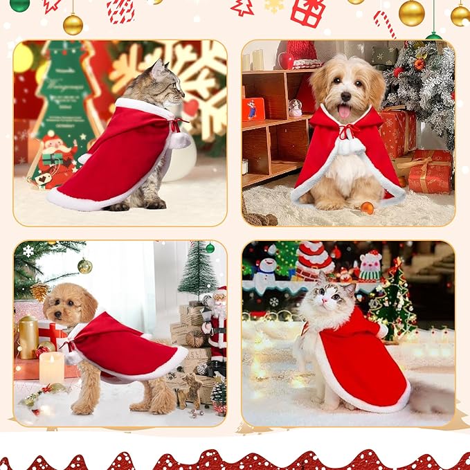 Cat Christmas Cape, Dog Soft Thick Xmas Cloak with Hat, Pets Christmas Costume Dogs Cats Santa Claus Outfits for Goose Rabbit, M