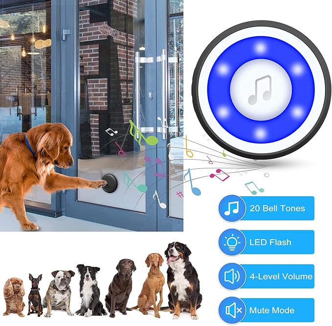 Wireless Dog Doorbell, Dog Bells for Potty Training IP65 Waterproof Touch Button Doggie Doorbell 1000ft Long Range with 20 Melodies 4 Modes LED Flash (2 Transmitter)