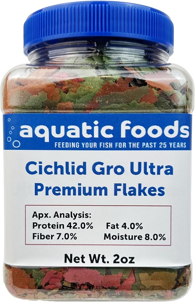Aquatic Foods Inc. Premium Cichlid Gro Ultra 8-Type Flake Mix with Krill, Shrimp, Plankton, Spirulina for Central & South American Cichlids Also Pellet Mix, Wafer Mix Included…2oz