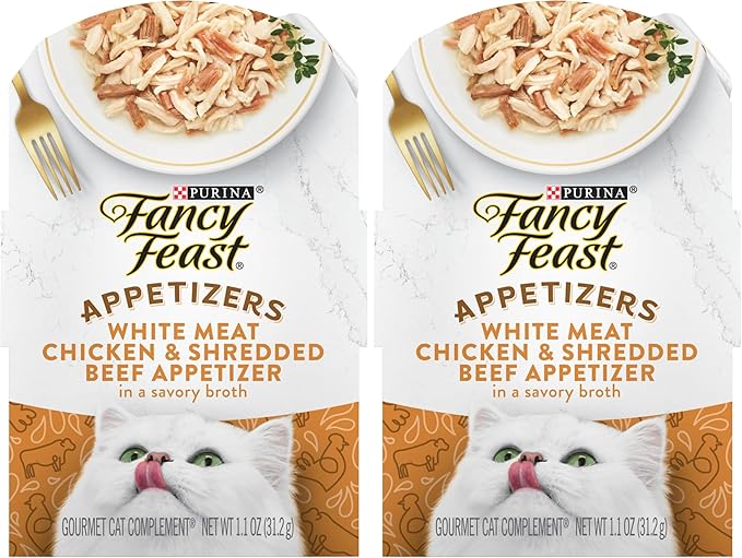 Fancy Feast Purina Appetizers Lickable Grain Free Cat Food Topper White Meat Chicken and Shredded Beef Appetizer - 1.1 oz. Trays,(Pack of 20)