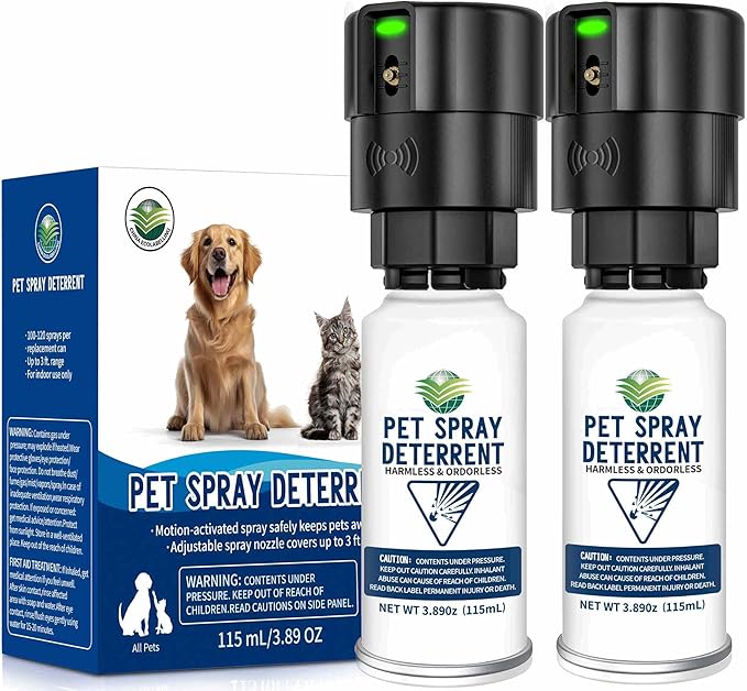 Cat Spray Deterrent System [2 Pack] Automatic Cat Deterrent Spray, Motion Activated System for Cats & Dogs Odorless Pet Deterrent, Senses Pets Up to 3 Feet Away, Friendly & Safe Pet Deterrent Spray