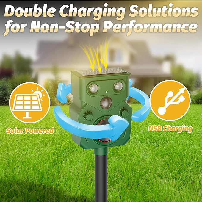 2 Packs Ultrasonic Animal Repeller Solar Powered, Cat Repellent Outdoor with Motion Sensor, Waterproof Deer Repellent Devices with LED Flash Light, Effective Repel Invasive Animals to Protect Yard