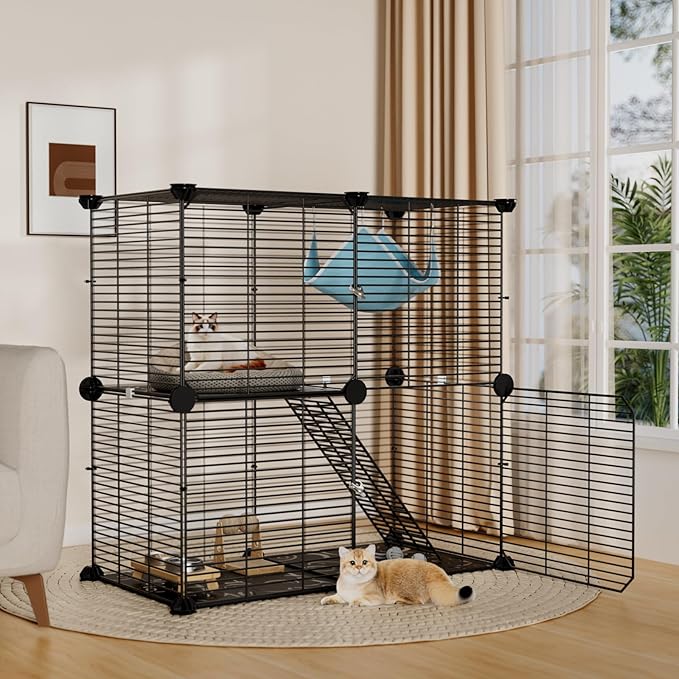 Small Cat Cage Indoor: Enclosed Cat Enclosure DIY Pet Playpen Detachable Metal Wire Kennel Sturdy Crate with Hammock for Cats Kitten
