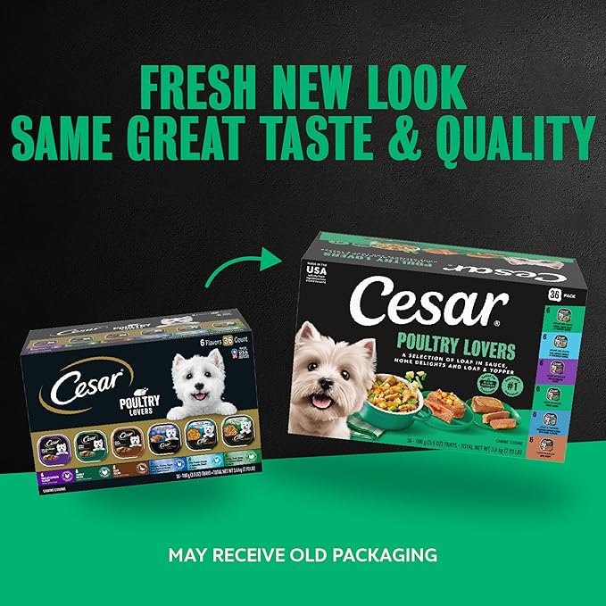 Cesar Classic Loaf in Sauce and Home Delights Adult Wet Dog Food Poultry Lovers Variety Pack with Real Chicken, Turkey or Duck, 3.5 oz. Easy Peel Trays, 36 Count (Pack of 1)