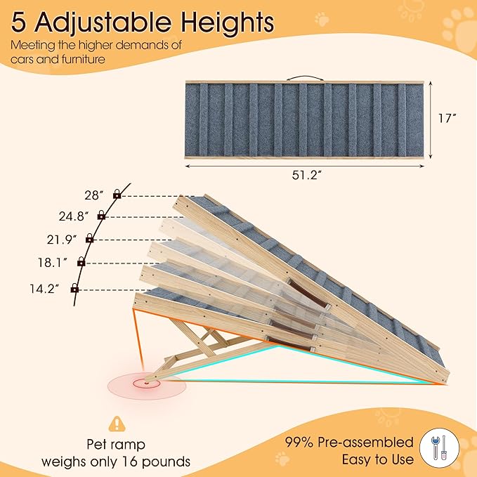 Dog Ramp for Bed, 51.2" Long Wooden Pet Ramp for Small & Large Dogs, 5 Adjustable Heights 14.2" to 28" with Anti-Slip Carpet & Carrying Handle Holds, Portable Dog ramps for Car, Bed, Couch, Outdoor