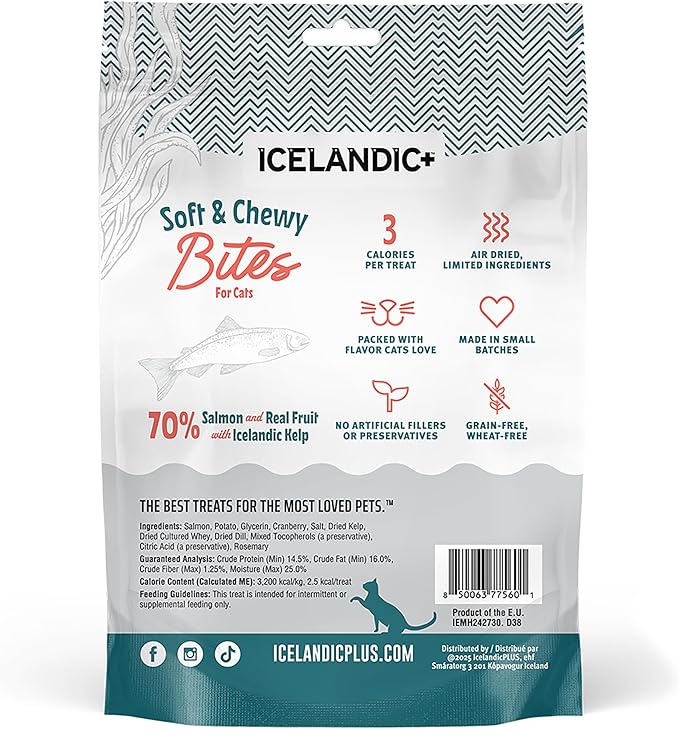 Icelandic+ Soft & Chewy Bites - Salmon, Cranberry & Kelp - 1.8oz Cat Treats, 70% Meat & Fruit, Air-Dried, Limited Ingredients, Pet Snack, Grain Free