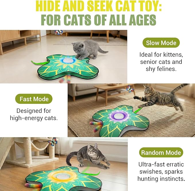 Interactive Cat Toy for Indoor Cats, Touch Activated Automatic Electronic Cat Toy with Sound On/Off, Dual Wands, Non-Slip Suction Cups, Rechargeable Hide and Seek Cat Play Mat for Bored Adult Kittens