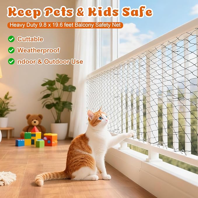 Pet Safety Net for Balcony, 3x6M Heavy Duty Nylon Mesh Cat Protection Netting, Cuttable Safety Net with Zip Ties, Rope & Screws, Anti-Fall Fence Net for Window, Stairs, Balcony, Indoor Outdoor Use
