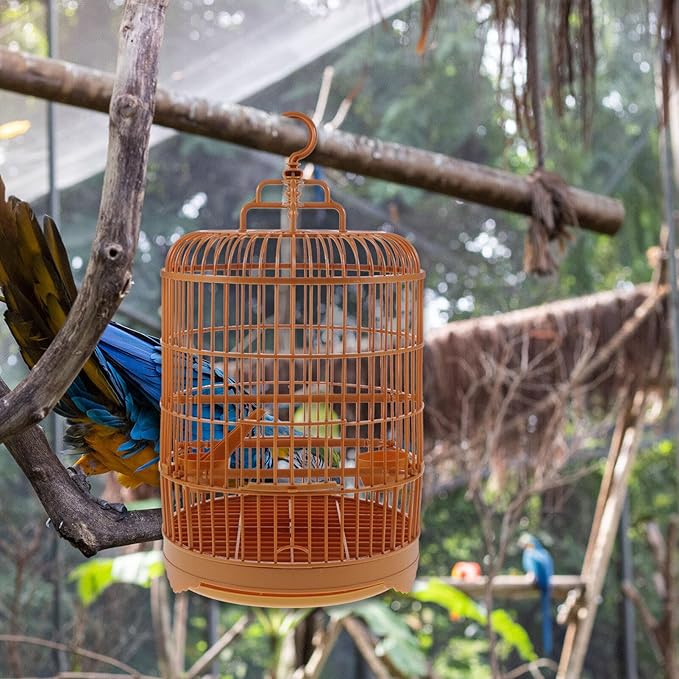 Round Bird Cage, 25cm Plastic Display Cage for Parrots & Cockatiels - Portable Hanging Birdcage with Feeder for Small Birds Finches Canaries Budgies 9.8" X 17.6",Yellow