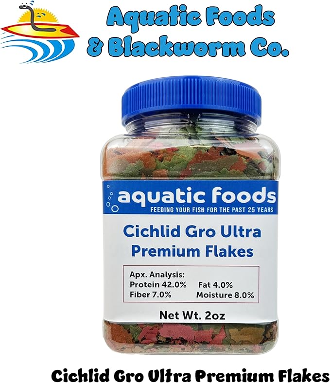 Aquatic Foods Inc. Premium Cichlid Gro Ultra 8-Type Flake Mix with Krill, Shrimp, Plankton, Spirulina for Central & South American Cichlids Also Pellet Mix, Wafer Mix Included…2oz