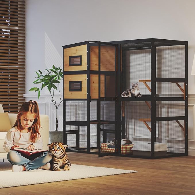 Large Indoor Cat Catio, 4 Tier Outdoor Cat Enclosures House for Cats with Waterroof Roof, 3 Resting Rooms, 3 Platforms, Cats Catio Connect to Window with 2 Large Door, Feral Pet Shelter, Black