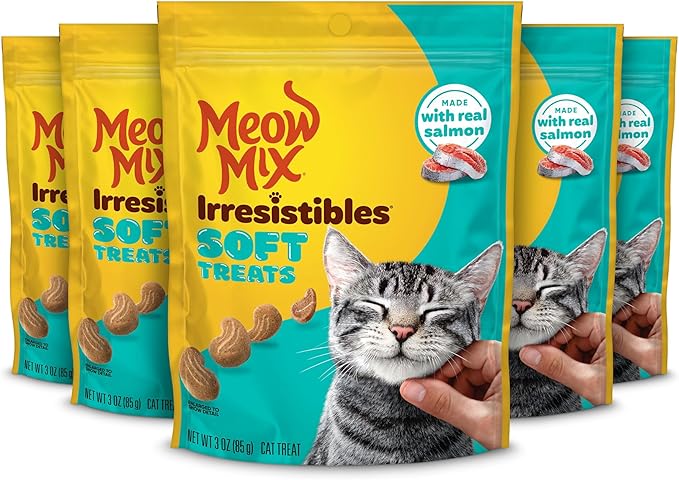 Meow Mix Irresistibles Soft Cat Treats Made With Real Salmon, 3 Oz. Pouch (Pack of 5)