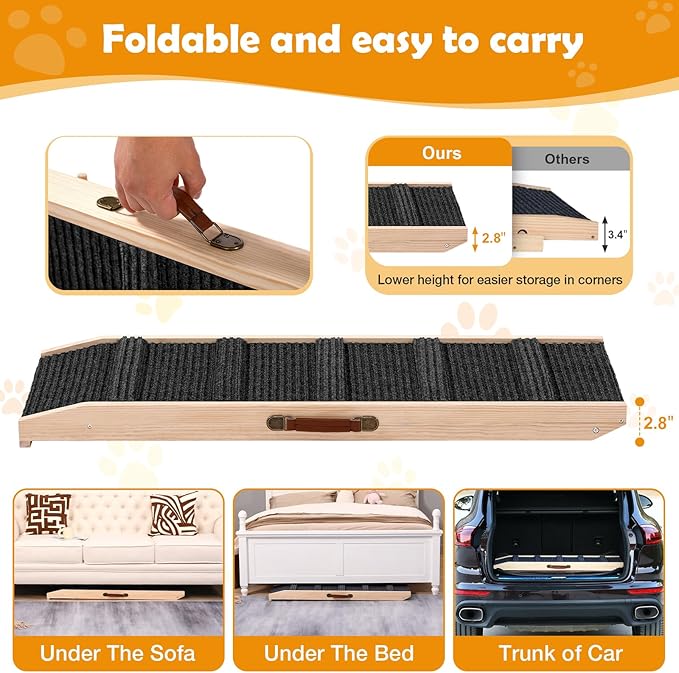 43" Long Dog Ramp with Landing Platform for Bed, Couch & Car - 6 Level Adjustable Height (10.8" to 23.6"), Foldable Wooden Pet Ramp with Non-Slip Surface, for Small, Medium & Old Dogs Up to 140 LBS
