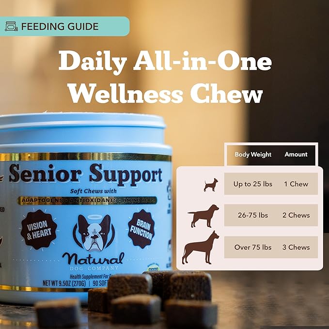 Natural Dog Company Senior Dog Vitamins Chew for Brain, Heart & Eye Health - Cognitive Support, Vision Clarity & Cardiovascular Function with Omega-3s, Lion’s Mane Senior Dog Supplements, 90 cnt