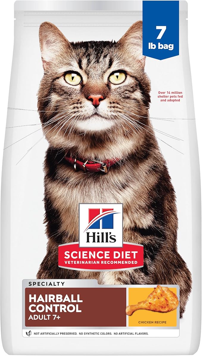 Hill's Science Diet Hairball Control, Senior Adult 7+, Hairball Control Support, Dry Cat Food, Chicken Recipe, 7 lb Bag