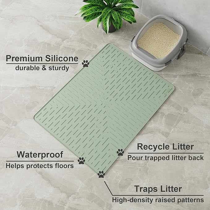 Cat Litter Mat Large Trapping Mat Premium Silicone Rubber 23.5x16 Sage Green, Waterproof and BPA Free Kitty Litter Box Mat, Easy to Clean and Keeps the Floor Tidy