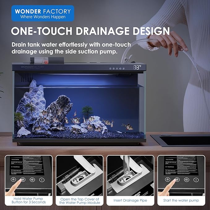 Wonderfactory Smart Aquarium Fish Tank 5 Gallon Starter kit, Self Cleaning System Efficiency Filter 7 Color LED Lights Automatic Feeder Temperature Display Monitor HD Glass, Smart Control with Apps
