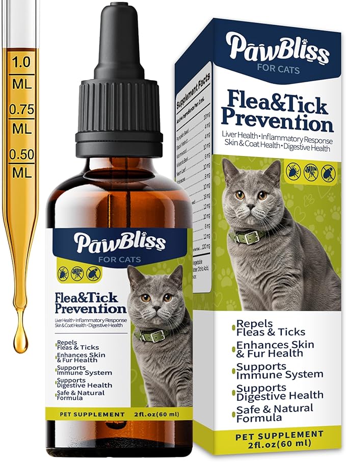 Flea and Tick Prevention for Cats, Pets Oral Natural Supplement Drops with Multivitamin Support for All Breeds and Ages