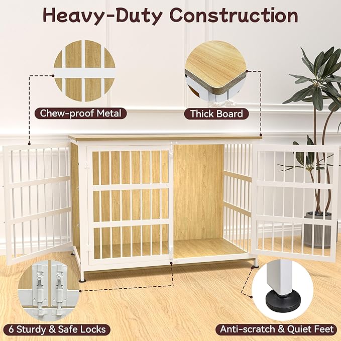 46'' Dog Crate Furniture Large Breed Dog Crate Dog Kennels for Inside Wooden Dog Crates End Table Heavy Duty Indoor Combination Cage for Medium to Large Dogs Oak