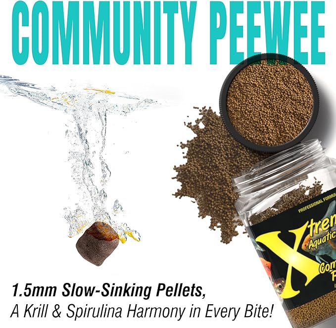 Xtreme Community Peewee 1.5mm Pellets: Slow Sinking & Ideal for Community Fish - Boosts Immune & Digestive Health, Enhances Color & Energy, Max Protein Fish Food – USA Farm Grown (72oz)