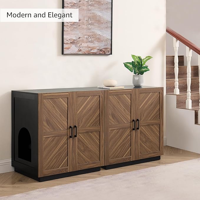 unipaws Cat Litter Box Enclosure Furniture with Storage Shelf, Tall Hidden Litter Box Cover for Tall or Top Entry Litter Box, Kitty Enclosed Cabinet, Cat Box with Odor Control, Walnut and Black