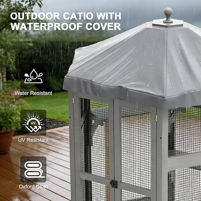 Catio Outdoor Cat Enclosure, Indoor Cat Enclosure with Window Access, Wooden Outdoor Cat Catio with Waterproof Cover, Cat House & Platform for Multiple Cats, Grey