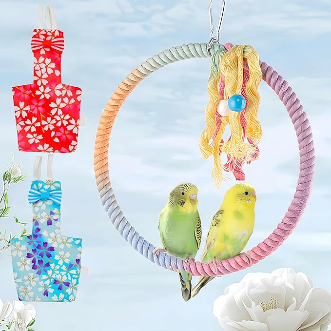 2 Pcs Bird Diapers Bird Harness Flight Suits Diapers with 80in Flying Leash Reusable Parrot Nappy with Waterproof Inner Layer for Cockatiel Budgie Conure Parakeet Lovebird-Red&Light Blue