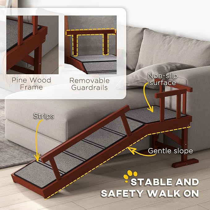 PawHut Dog Ramp, Dog Stairs for Small, Medium & Large Dogs, Pet Ramp for Bed or Couch with Removable Guardrails, Non-Slip Surface, 49" Long, Brown