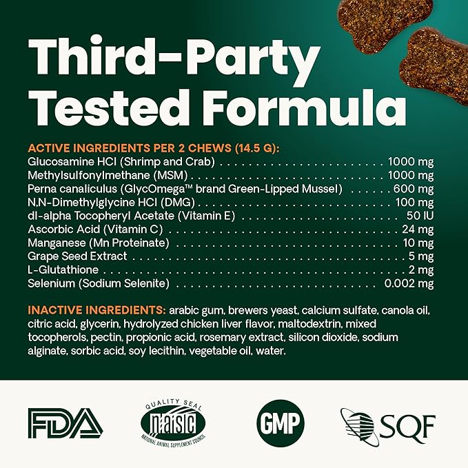 VetriScience Extra Strength Healthy Hip & Joint Chews, GlycoFlex Glucosamine and Green-Lipped Mussel Joint Support Supplement for Dogs, Promote Mobility & Soothe Joint Discomfort, Chicken, 60 Count