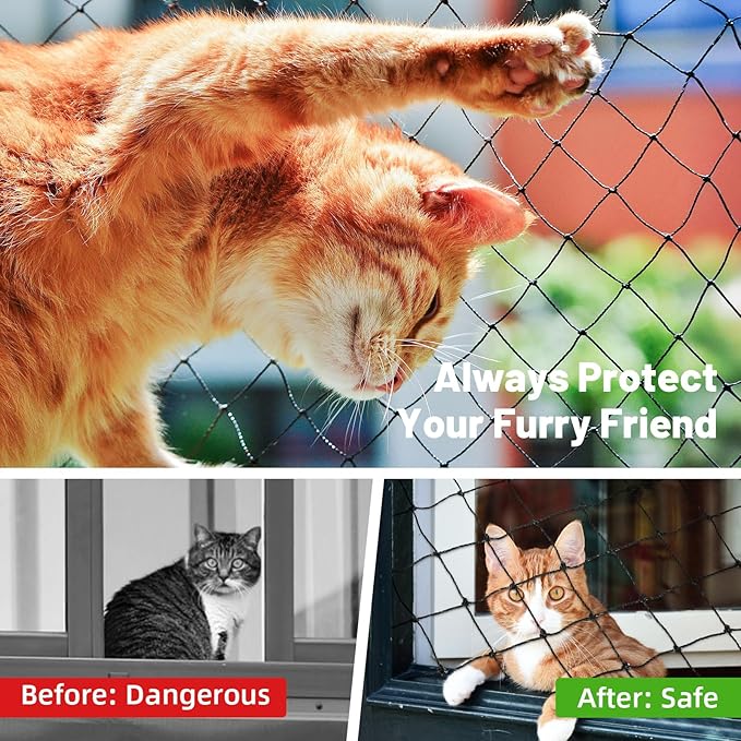 Lewondr Cat Netting Balcony, 10x13ft Steel Wire Reinforced Balcony Screen for Pets, Anti-Fall Pet Mesh Fence Cat Safety Net for Balcony, Window, Stair, Patio