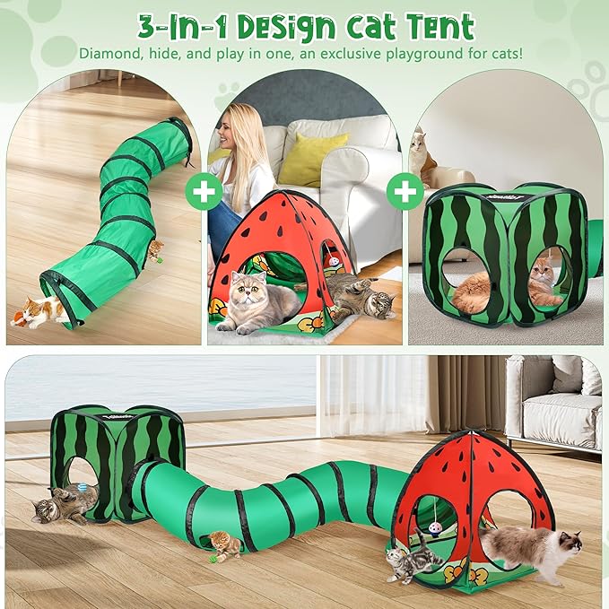 3-in-1 Watermelon Cat Play Tunnel with Pop-Up Cube & Triangle Cat Tent, Interactive Toy Ball & Foldable Design - Easy Magic Tape Assembly Tunnels for Indoor Cats