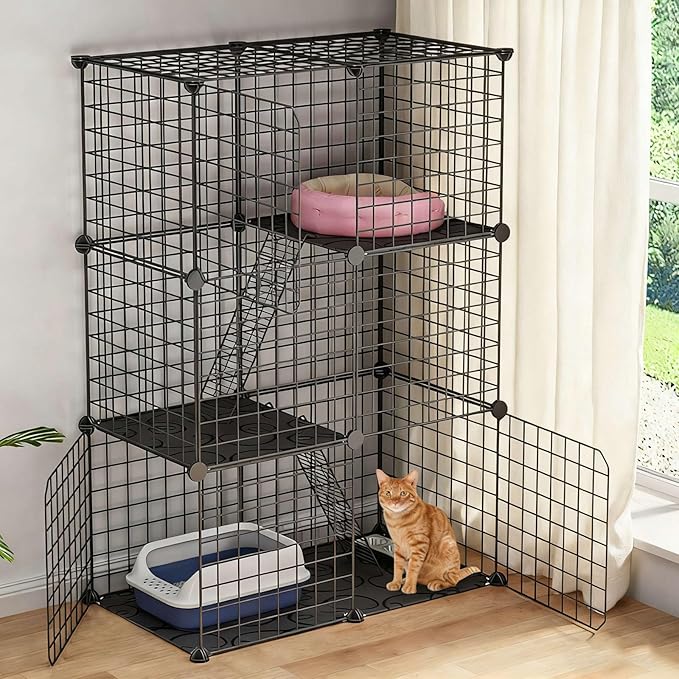 Large 3-Tier Cat Cage, Indoor Cat Enclosures Pliable DIY Cat Playpen, Detachable Metal Wire Kennels Cat Crate Box House with 3 Doors 2 Ramp Ladders for 1-2 Cats, 28.2"L x 14.0"W x 42.1"H,Black