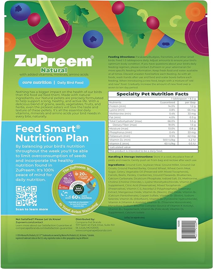 ZuPreem Natural Bird Food, Bird Feed Pellets for Parakeets, Budgies, Parrotlets, & Doves, ZuPreem Core Nutrition, Made in USA, Added Vitamins, Parakeet Food, Budgie Feed, (Small, 2.25 lb Bag)