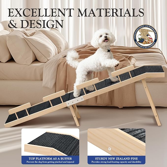 Easyego Foldable Dog Ramp for Bed and Couch, 74" Wood Pet Ramp with Side Rails and High Traction Carpet, 22° Gentle Long Slope, Top Landing Platform, Supports up to 200 LBS for Senior Dogs - Natural