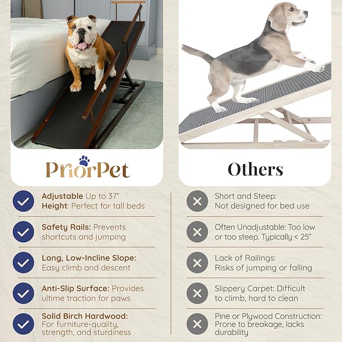 Dog ramp for Bed - PRIORPET Birchwood Adjustable Ramp for Dogs to Get on Bed: Dog ramps for High Beds up to 37 Inches – Foldable Ramp, Anti-Slip Grip & Safety Rails, Small Dogs Up to 120lbs – Walnut
