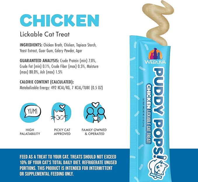 Weruva Puddy Pops, Chicken Lickable Cat Treats, 0.5oz Tube, Pack of 50