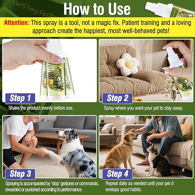 Anti-Chew Bitter Dog Spray, Stop Chewing and Licking, No Chew Spray for Dogs & Cats, Protect Furniture Shoes Belongings, Natural Pet Safe Formula, No Stain 3.38 fl oz (100 ml)